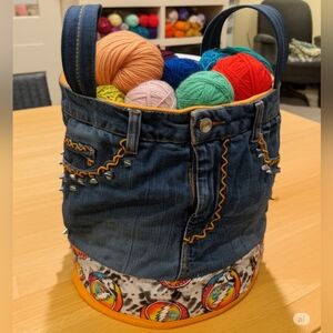 HAND CRAFTED Storage Tote Basket HANDMADE Greatful Dead Fabric Denim Blue Jeans